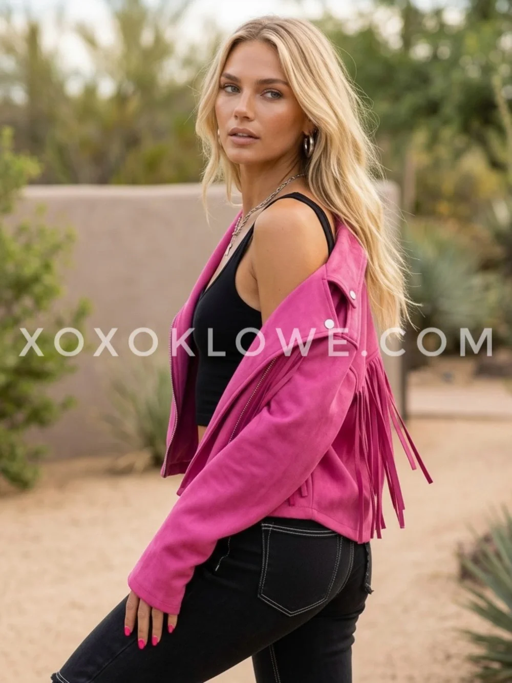 POL Hot Pink Vegan Suede Fringe Moto Jacket | Cropped Western Concert Biker